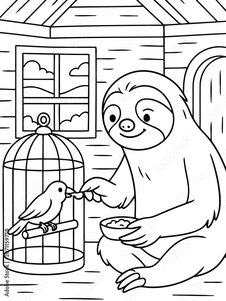 Fototapeta premium Sloth Feeds Bird in Cage: A friendly sloth is feeding a small bird from a bowl, with a bird cage and window in the background. Line art illustration style for coloring.