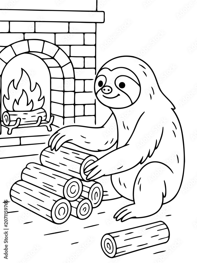 Fototapeta premium Cartoon Sloth by Fireplace: A cute cartoon sloth stacks firewood near a warm, glowing fireplace. The illustration is simple and charming, perfect for children's books or educational materials.