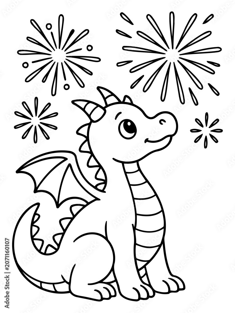 Obraz premium Cute Dragon with Fireworks: A charming cartoon dragon sits patiently, looking up at a display of festive fireworks, ready for a celebration.