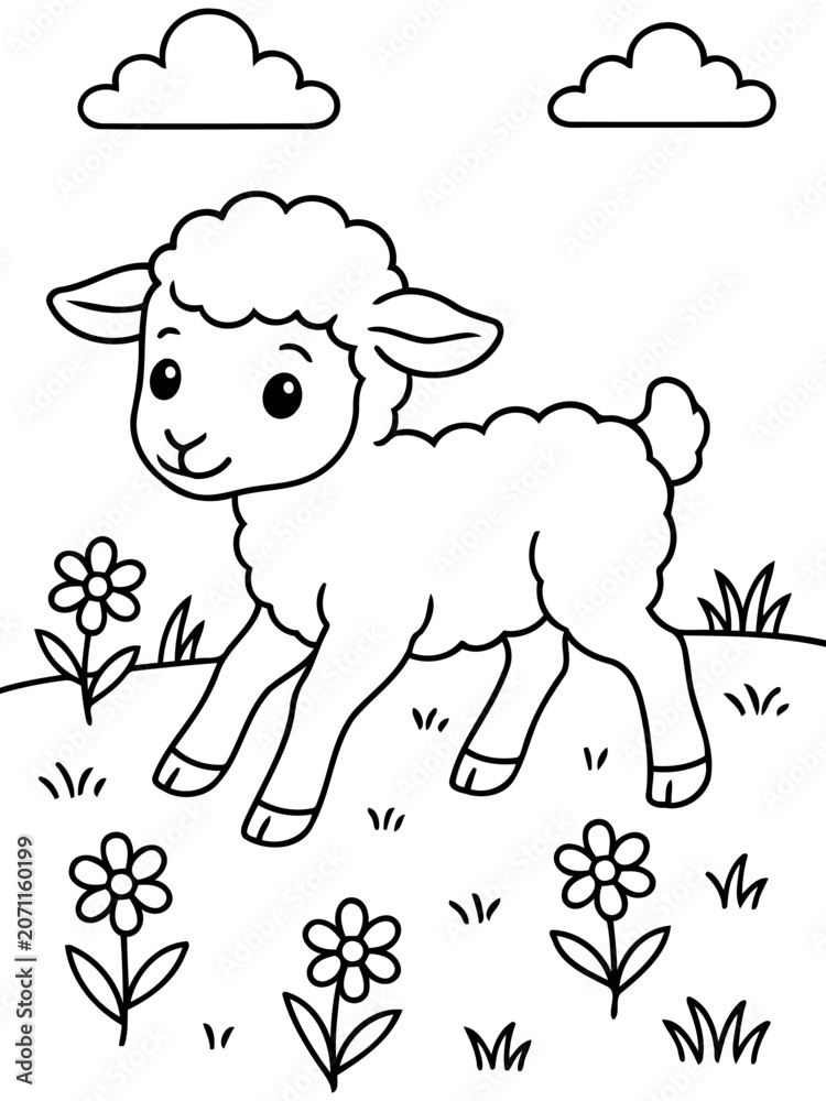 Obraz premium Cute Lamb Coloring Page: A delightful line art illustration of a fluffy lamb standing in a field of flowers under a cloudy sky, perfect for children's coloring activities.