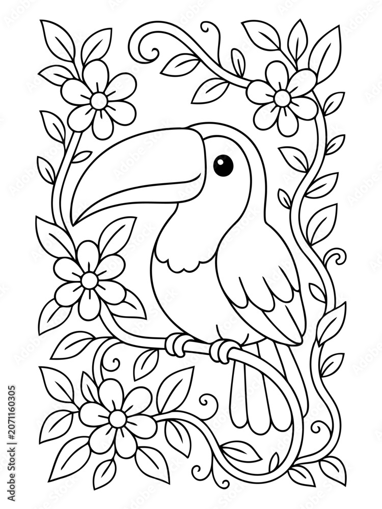 Fototapeta premium Toucan Bird Coloring Page: A whimsical illustration of a toucan perched on a branch, surrounded by floral vines, perfect for a creative coloring activity.