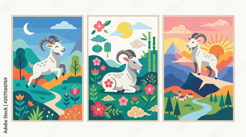 Fototapeta premium Three beautiful flat style illustrations depicting a white goat in different natural settings with vibrant colors and artistic landscape elements