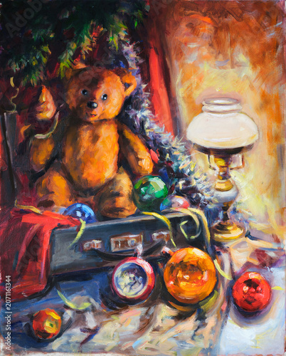 New Year still life with teddy bear and old toys. Oil painting on canvas