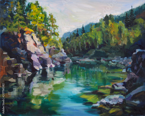 The oil painting landscape of the Maiden Reaches on Kumir River. Altai. Russia