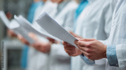 Closeup of people in lab coats holding papers