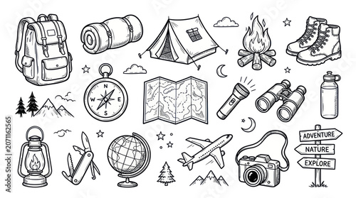 Valokuva Hand-Drawn Camping and Travel Adventure Icons Set
