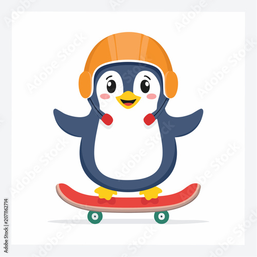 Cute cartoon penguin riding a skateboard wearing a helmet
