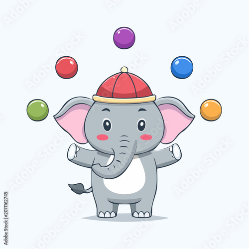 Cute cartoon elephant juggling colorful balls