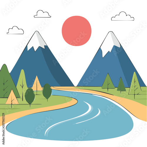 Flat illustration of mountain landscape with river and road
