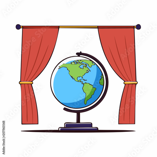 Globe on a stand framed by red curtains