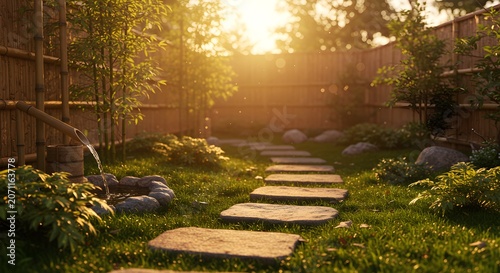 Stone path in a peaceful garden with lush greenery and sunlight
