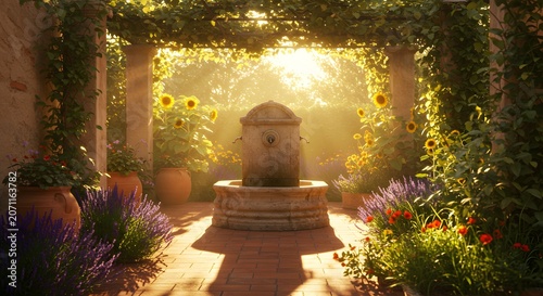 Stone fountain in a lush garden bathed in warm sunlight peaceful landscape