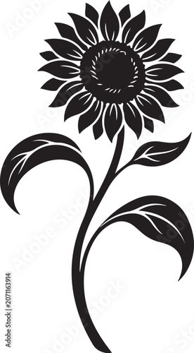 Black silhouette of a sunflower flower with leaves isolated graphic design element