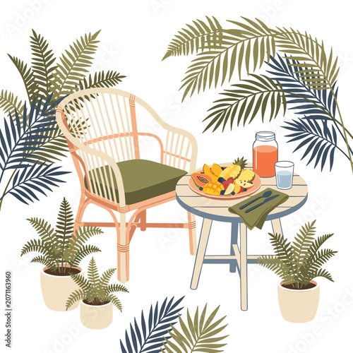 Slika na platnu Potted plants and wicker chair setting.