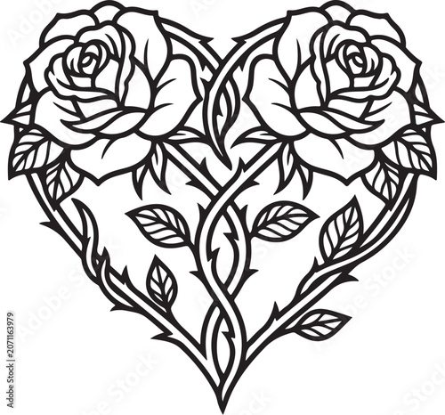 Black and white line art illustration of a heart shape made of rose flowers and thorny stems for tattoo design