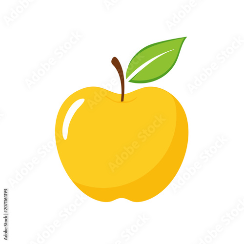 Yellow Apple with Green Leaf Vector Illustration