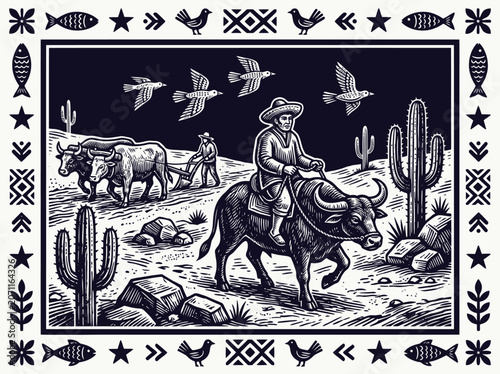 Принти на полотні Mexican Folk Art Woodcut Style Illustration of Farmers with Oxen and Cacti in a