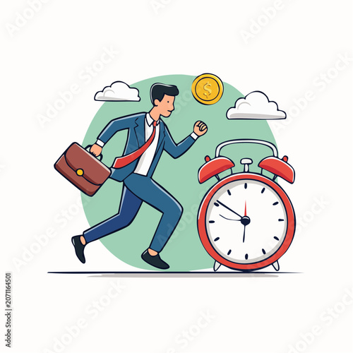 Businessman running with briefcase near alarm clock and coin