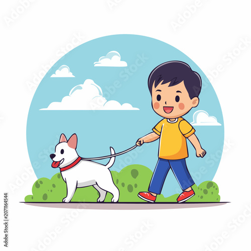 Cartoon boy walking a white dog on a leash outdoors