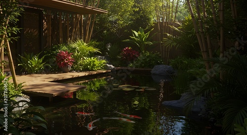 Tranquil garden pond scene with lush greenery and architectural elements