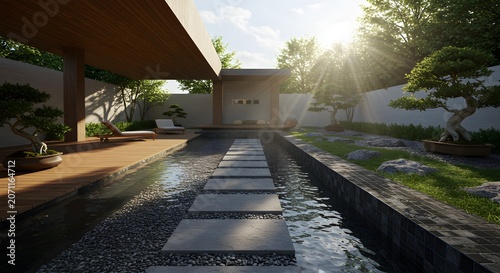 Tranquil garden scene with water feature and stone path under bright sunlight