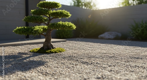 Tranquil japanese garden scene featuring a small tree and gravel ground