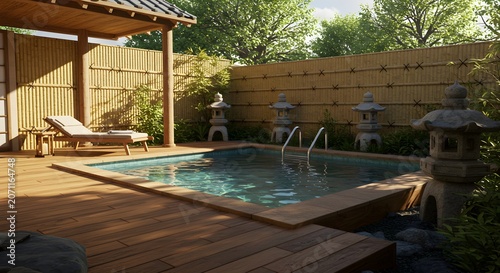 Tranquil japanese garden pool scene with wood deck and stone lanterns