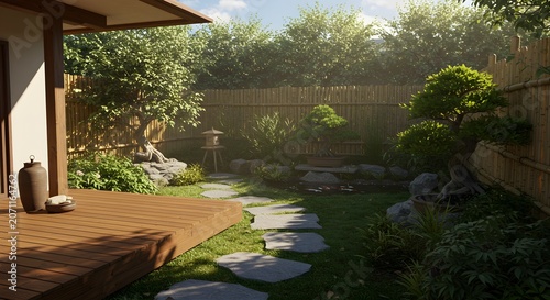 Tranquil japanese garden scene featuring stone path and lush vegetation