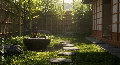 Tranquil japanese garden scene with bamboo stone pathway and sunlight