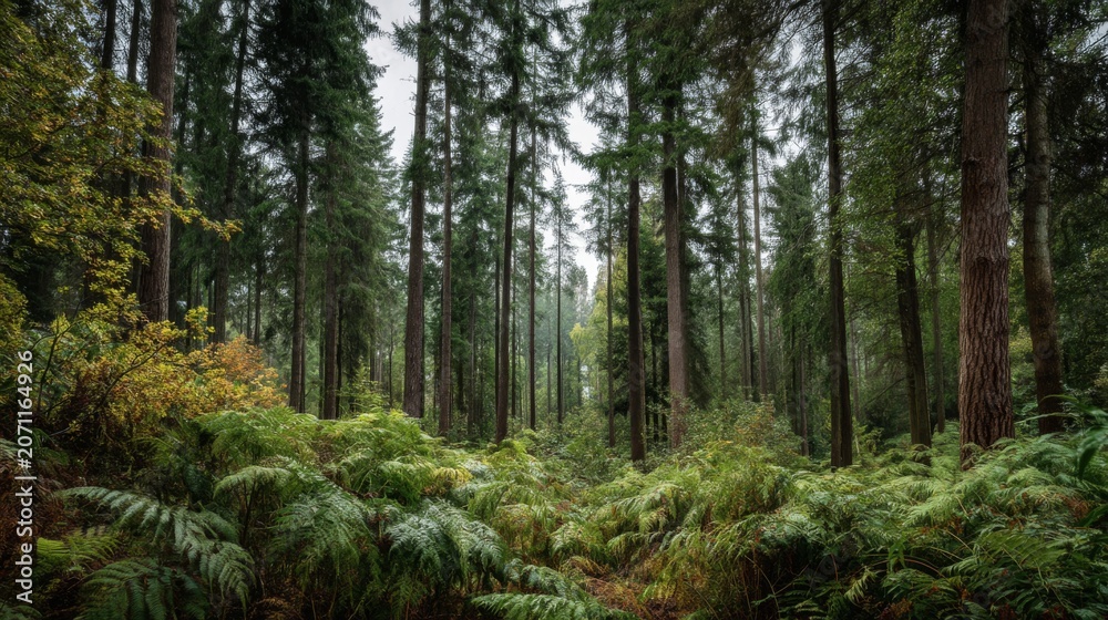 Fototapeta premium Serene Forest Landscape with Tall Green Trees and Lush Underbrush in a Misty Atmosphere Creating a Peaceful and Natural Environment for Nature Lovers