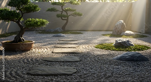 Tranquil japanese zen garden with stone path and bonsai trees