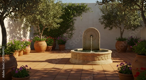 Tranquil outdoor courtyard with fountain terracotta pots and olive trees