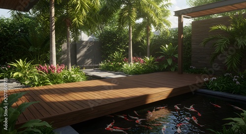 Tranquil outdoor garden scene with pond wooden walkway palm trees and lush greenery