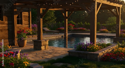 Tranquil outdoor pool area with pergola surrounded by lush gardens