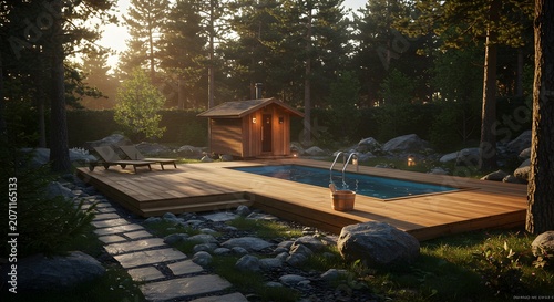 Tranquil outdoor scene pool wooden deck sauna amidst lush green forest