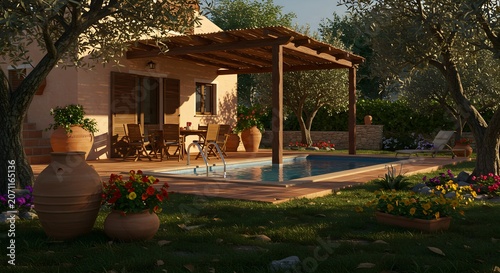 Tranquil outdoor scene of a house with pool surrounded by greenery