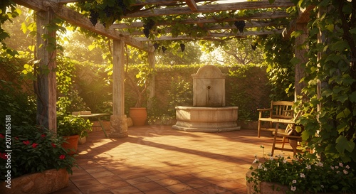 Tranquil outdoor scene with fountain and pergola in sunlight