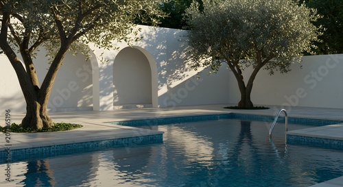 Tranquil outdoor scene with pool trees and archways sunlight and shadows