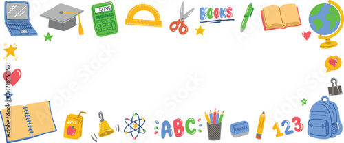 Cute back to school theme colorful school supplies and education border background with copy space for text