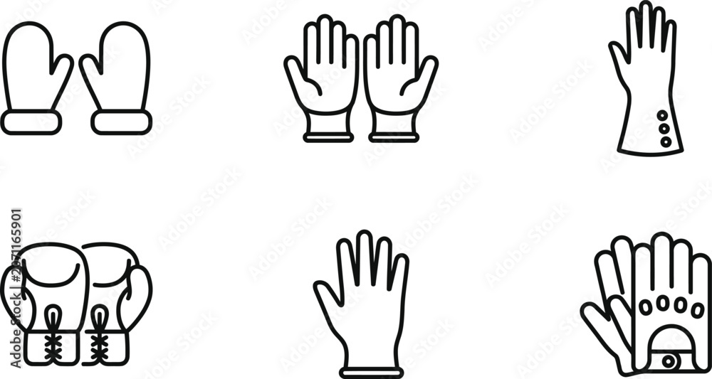 Fototapeta premium Winter Clothing Icon Set with Mittens, Gloves and Socks Outline Line Art Vector