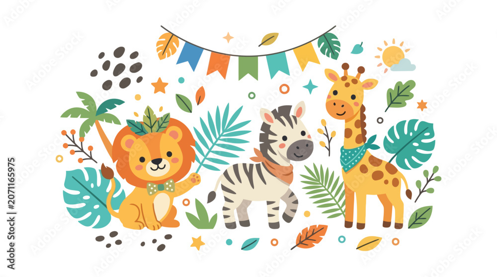 Naklejka premium Cute jungle safari animal vector featuring a lion with bowtie, zebra with scarf, and giraffe with bandana. Tropical leaves, palm tree, sun, and colorful party bunting on white background.