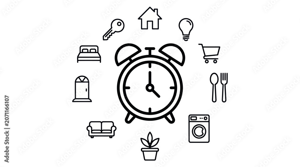 Fototapeta premium Alarm clock surrounded by daily household routine icons.
