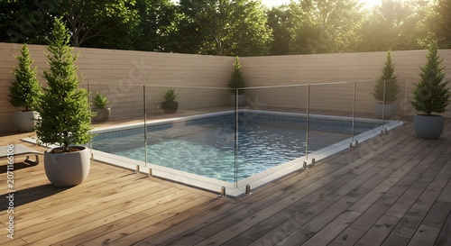 Tranquil swimming pool with glass fence and wooden deck in sunny outdoors