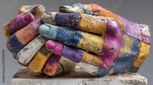 A colorful sculpture of clasped hands with textured surfaces and various paint tones on a grey backdrop