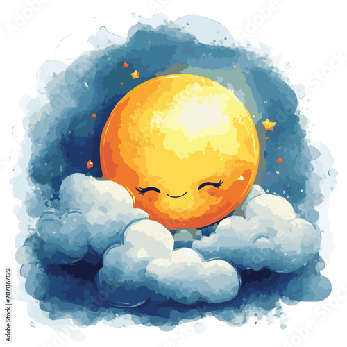 A cheerful sun peeking over fluffy clouds, radiating warmth and joy in a whimsical watercolor style.