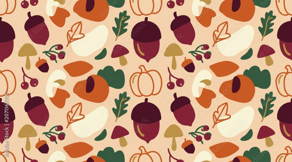 Fototapeta premium Cozy Autumn Harvest Abstract Doodles Seamless Pattern