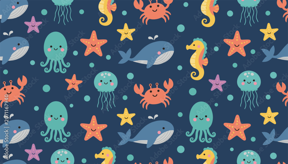 Naklejka premium Seamless child pattern of cute marine animals including blue whales, green octopuses, crabs, and seahorses on blue.