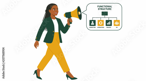 Businesswoman holding megaphone with organizational chart icons.