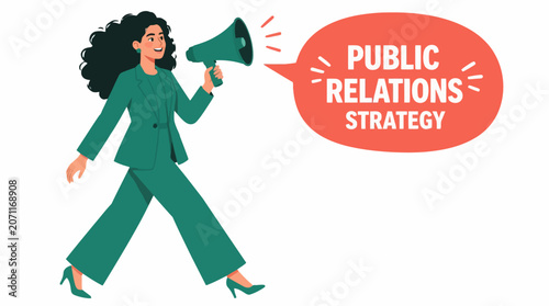 Confident woman with megaphone promoting public relations strategy.