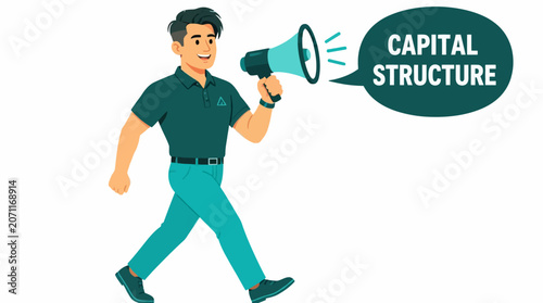 Man holding megaphone announcing capital structure.